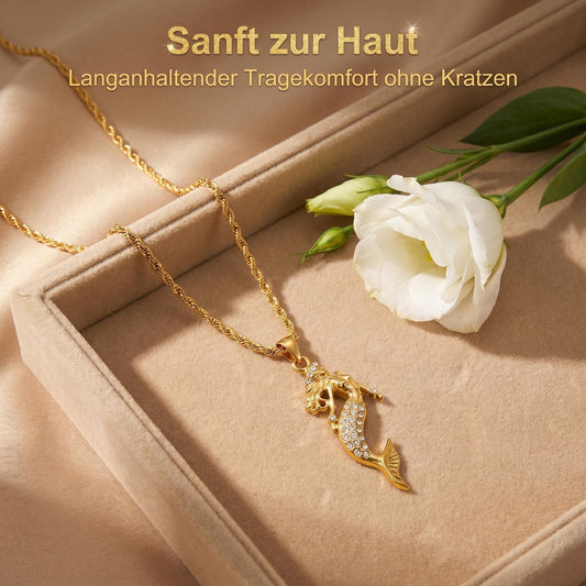 GLANZI Mermaid Glow Halskette – Meerjungfrau Anhänger mit Zirkonia, 18K Vergoldet