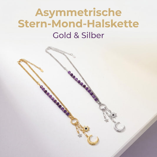 GLANZI Amethyst Celestial Halskette – Asymmetrisches Design mit Sonne, Mond & Stern