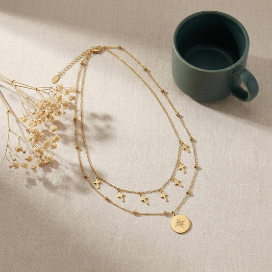 GLANZI Doppelreihige Halskette – Kreuz & Sternenmedaillon Anhänger