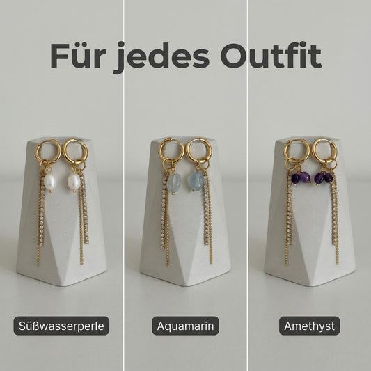 GLANZI Aura Tassel Ohrringe – Perle, Aquamarin oder Amethyst