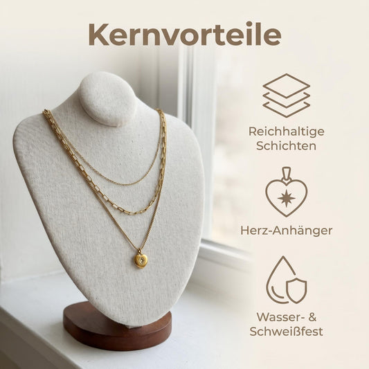 GLANZI Sweet Layers Halskette – Dreireihig mit Herz Anhänger
