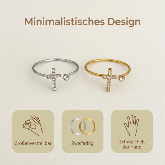 GLANZI Faith Ring – Kreuz mit Zirkonia, Edelstahl Vergoldet oder Silberfarben, Verstellbar