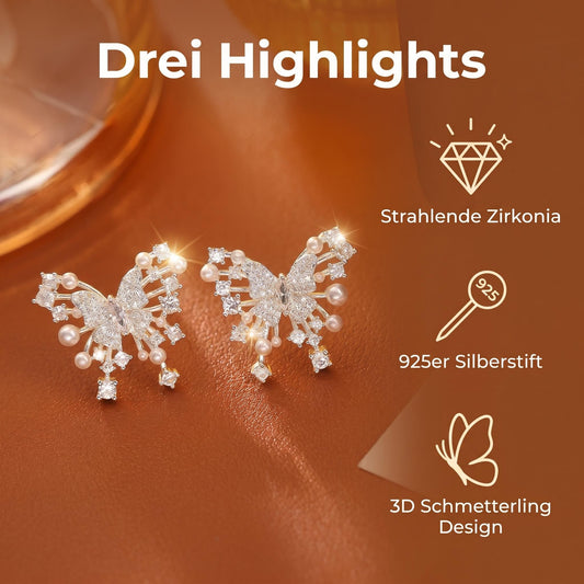 GLANZI Silver Papillon Ohrstecker – Schmetterling mit Zirkonia & Perlendetail