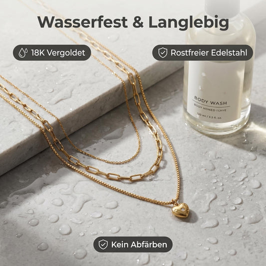 GLANZI Sweet Layers Halskette – Dreireihig mit Herz Anhänger
