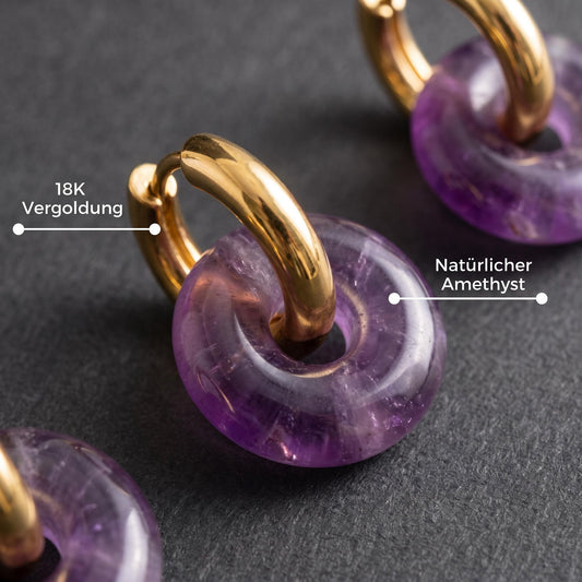 GLANZI Amethyst Harmony Ohrringe – Natürlicher Amethyst mit rundem Anhänger, 18K Vergoldet