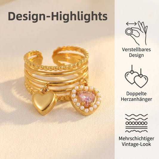 GLANZI Heart Motion Ring – Mehrreihiger Ring mit Herzanhängern