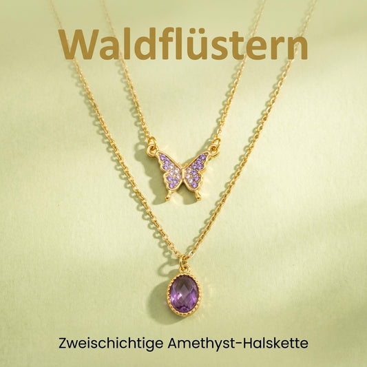 GLANZI Waldflüstern Halskette – Doppellagig mit Schmetterling & Amethyst