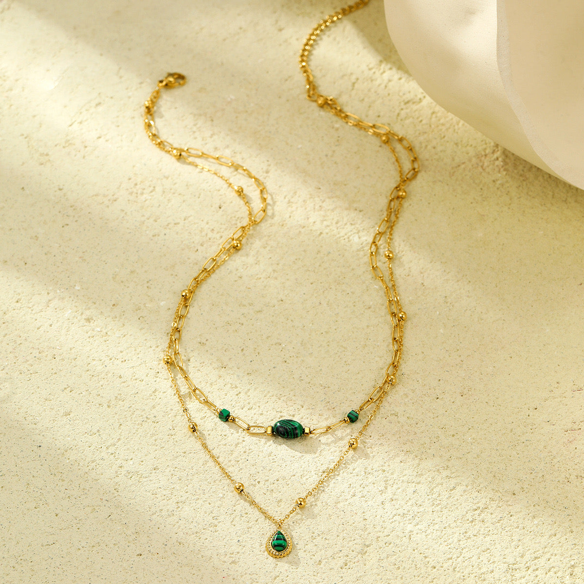 Doppellagige Halskette – Malachit oder Weißer Jade, 18K Edelstahl