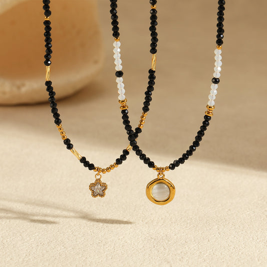 Halskette mit Stern-Anhänger & Katzenauge – Bicolor Naturstein