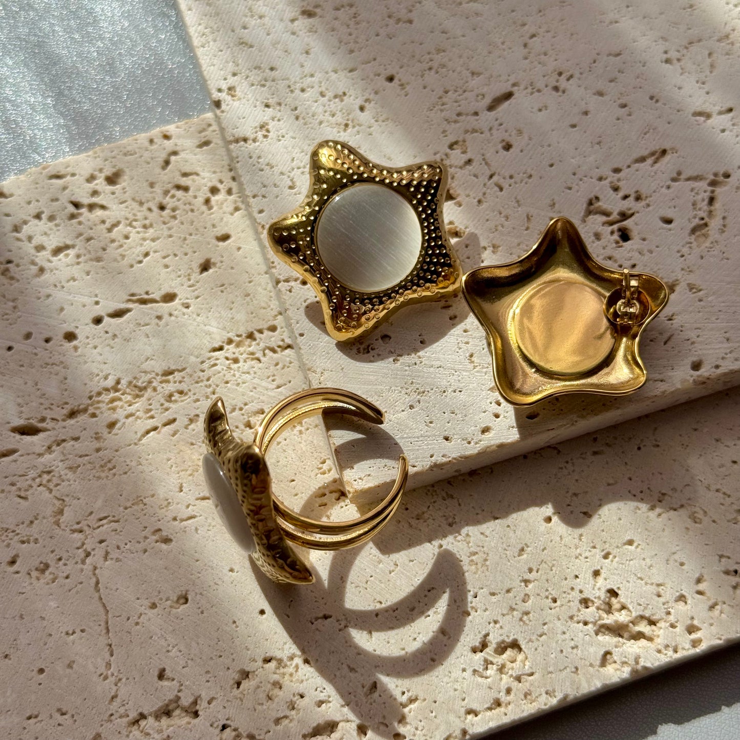 GLANZI Schmuck-Set – Stern Ohrstecker & Ring mit Katzenauge, 18K Edelstahl