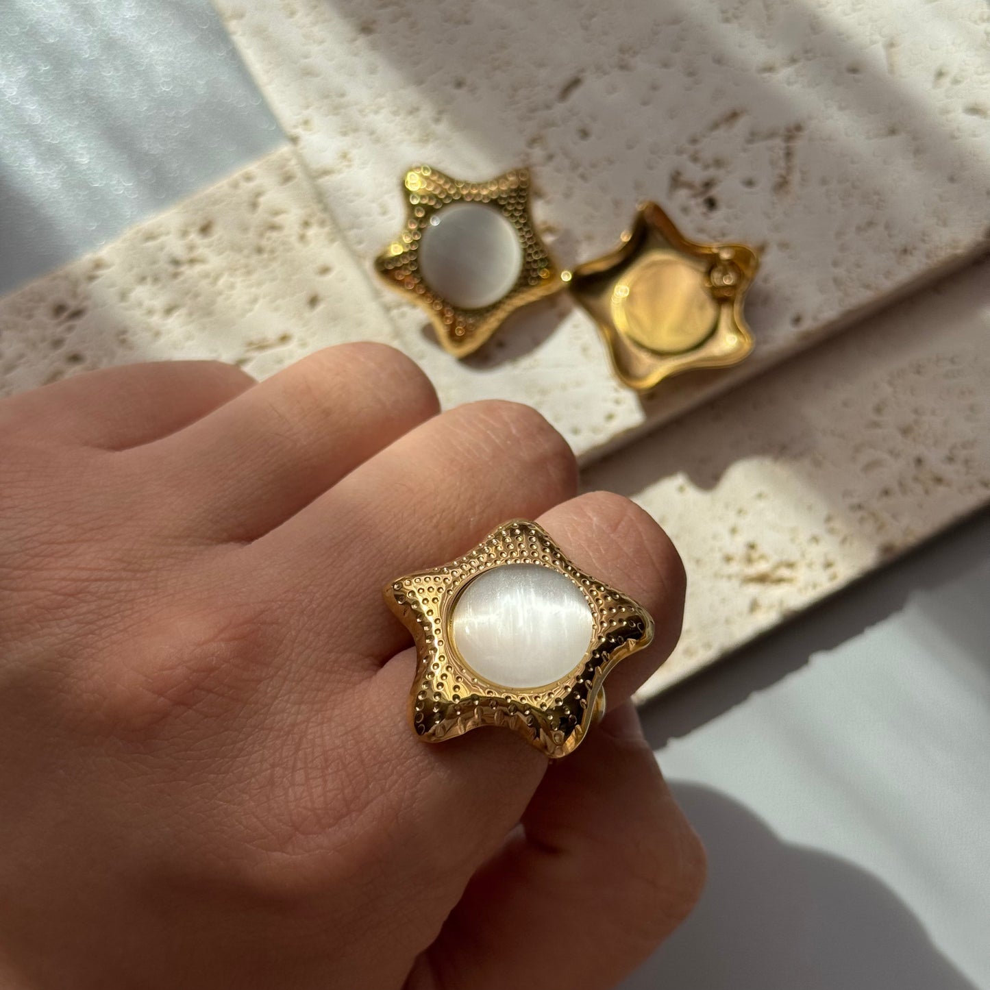 GLANZI Schmuck-Set – Stern Ohrstecker & Ring mit Katzenauge, 18K Edelstahl