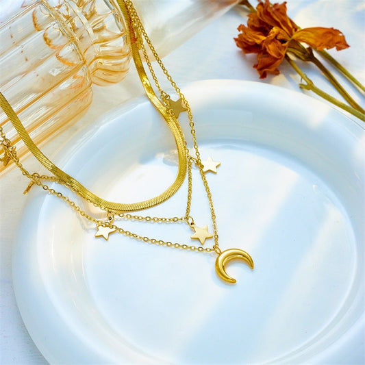 Dreilagige Halskette – Sterne & Mond Anhänger | 18K Vergoldeter Edelstahl Damen Schmuck