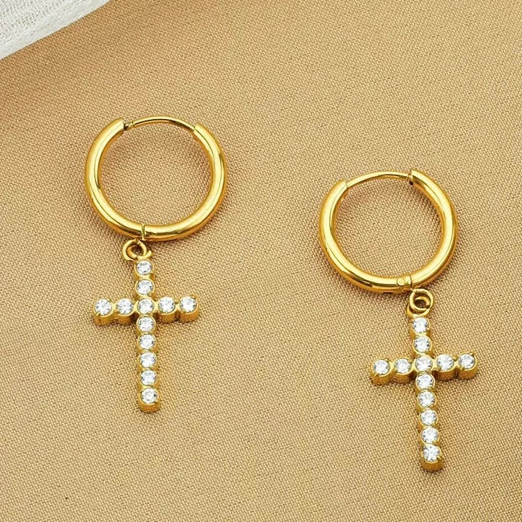 Kreuz Ohrringe mit Zirkonia – 18K Vergoldeter Edelstahl Damen Schmuck