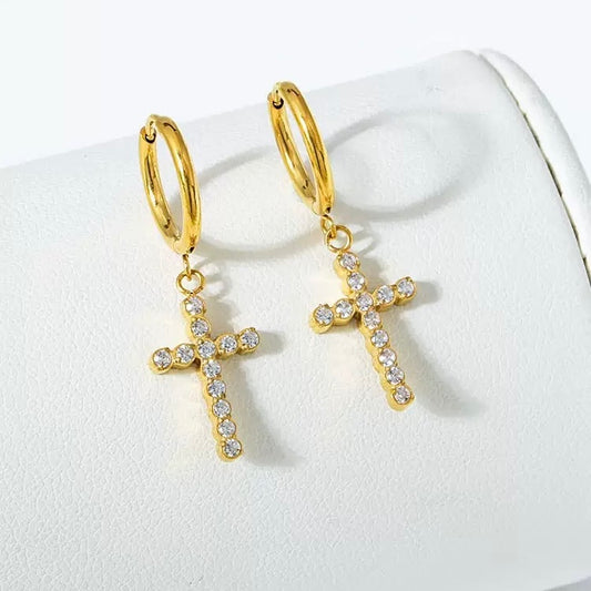 Kreuz Ohrringe mit Zirkonia – 18K Vergoldeter Edelstahl Damen Schmuck