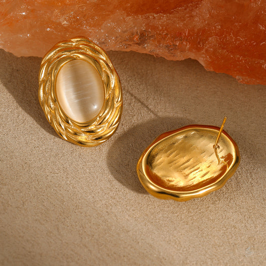 GLAMZI Vintage Ohrringe – 18K Vergoldeter Edelstahl mit Weißem Katzenauge Stein