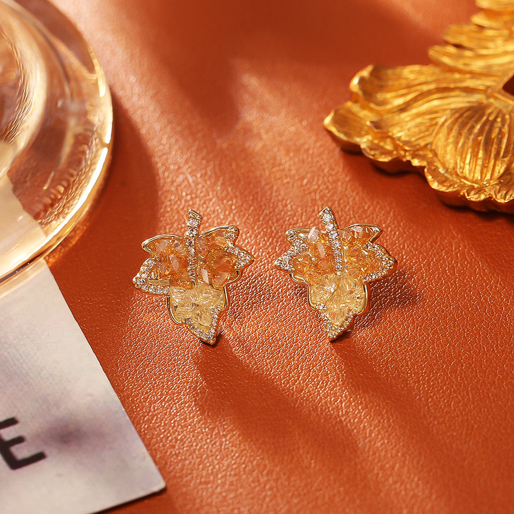 GLANZI Kristall Blatt Ohrringe – 18K Vergoldet, S925 Silberstecker