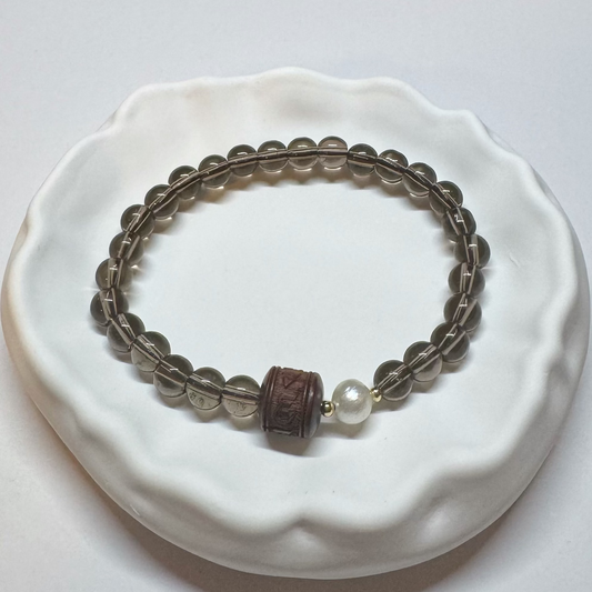 Teequarz Armband mit Süßwasserperle und Rosenholz-Kugel
