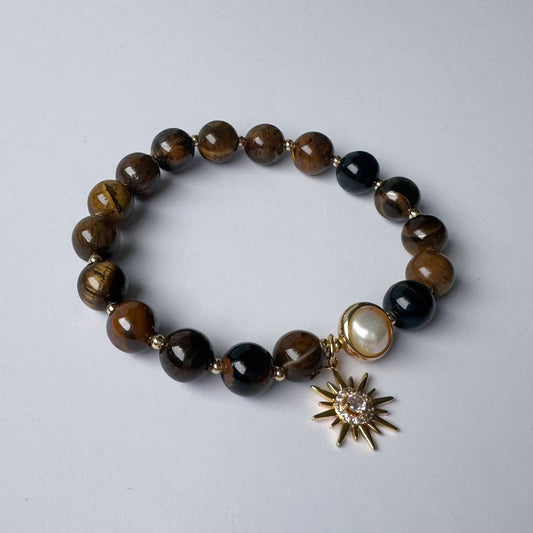 Tigerauge Armband mit Süßwasserperle und Sternanhänger