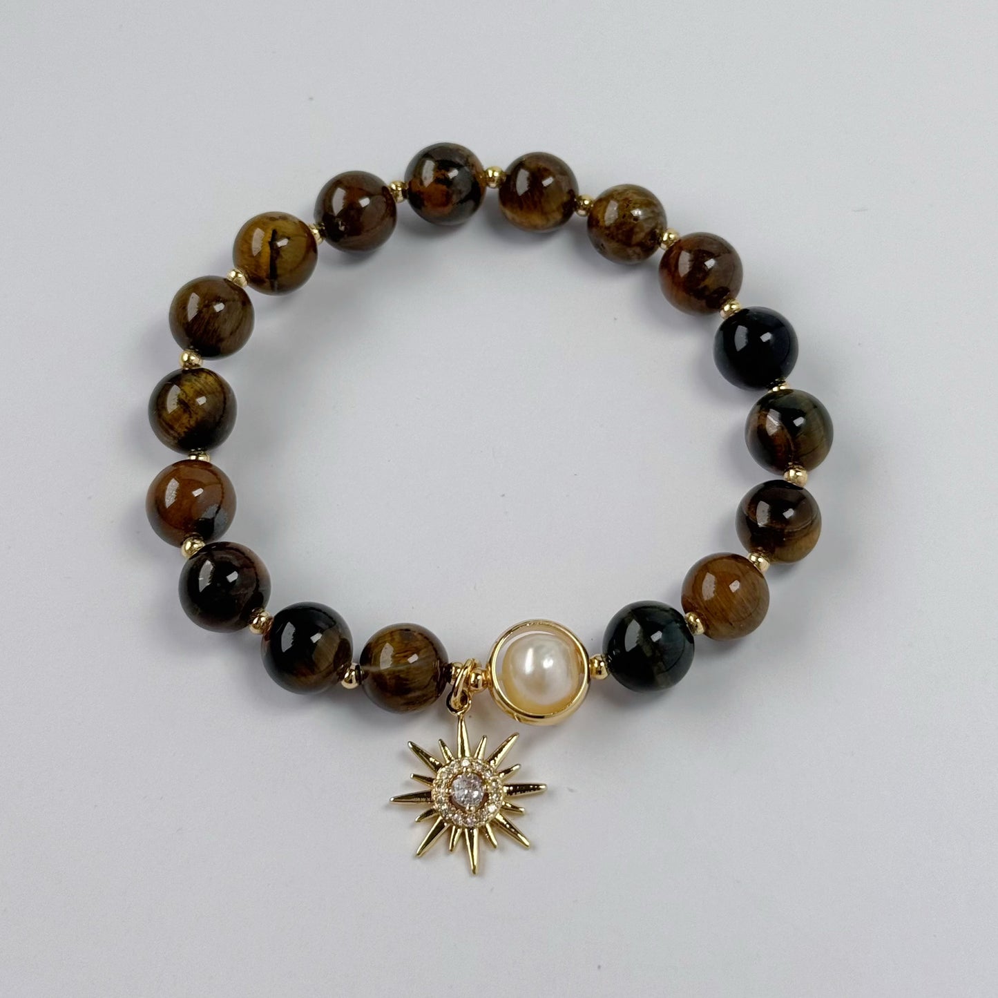 Tigerauge Armband mit Süßwasserperle und Sternanhänger