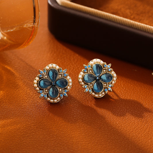 GLANZI Ohrringe Meeresblaues Katzenauge – vierblättriges Kleeblatt