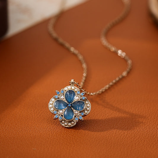 GLANZI Halskette Meeresblaues Katzenauge – vierblättriges Kleeblatt