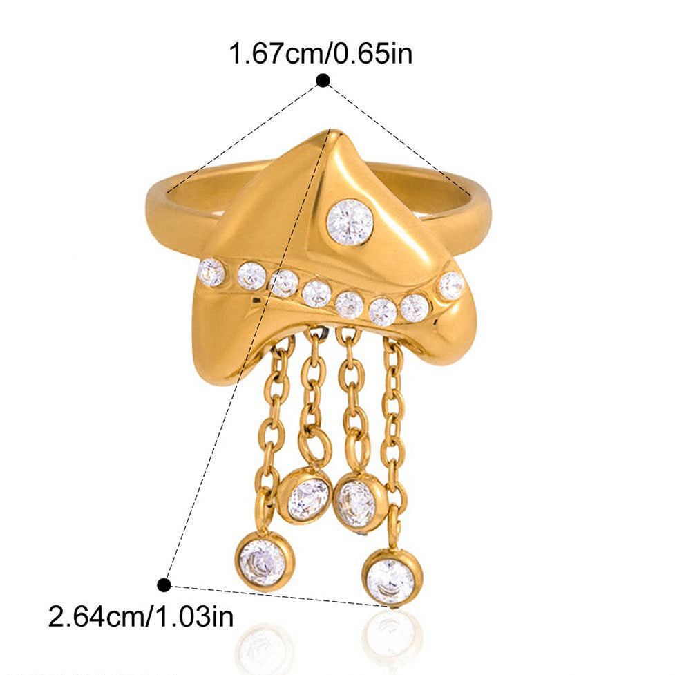 GLANZI Golden Jellyfish Ring - Offener Quallenring mit Zirkonia-Fransen