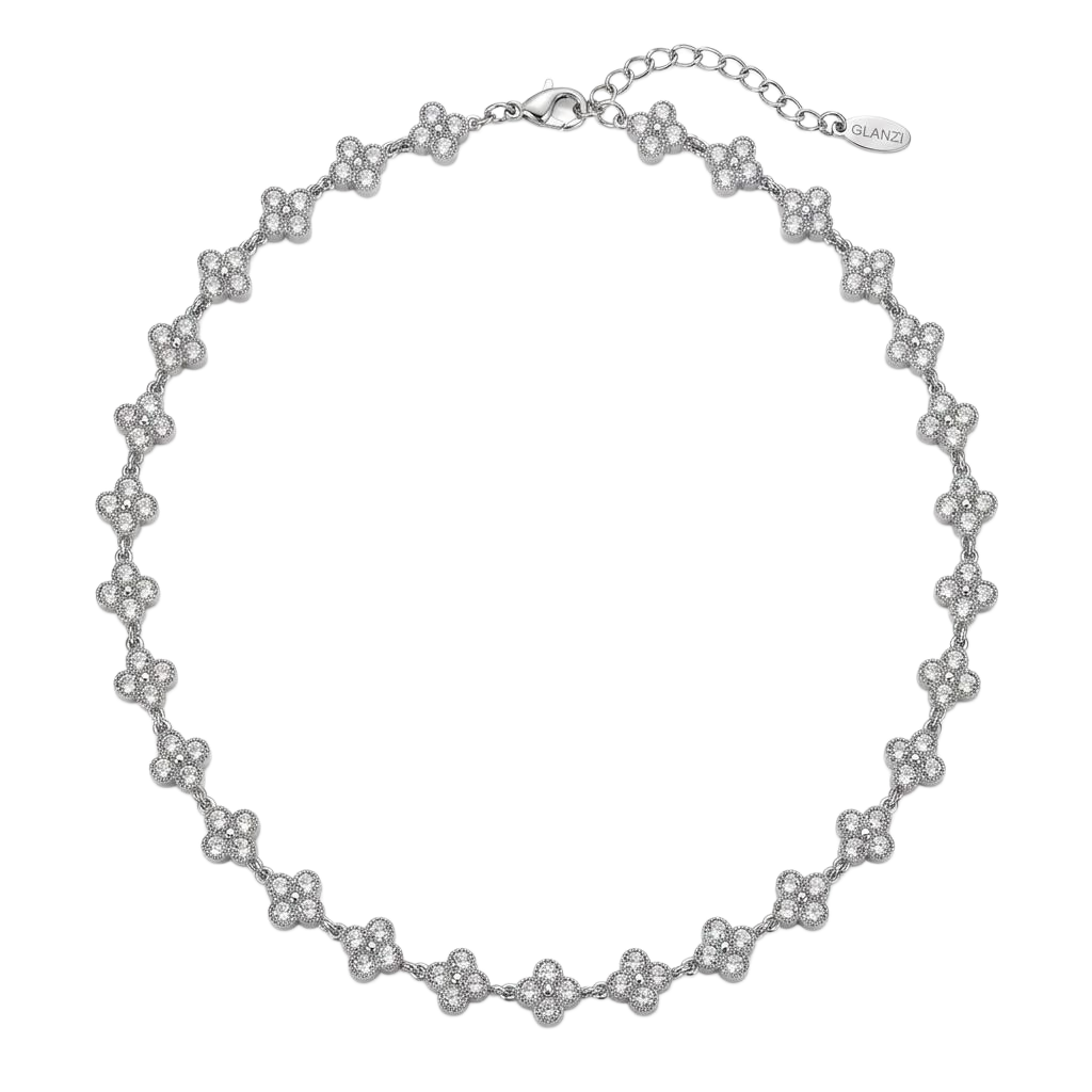 GLANZI Kleeblatt Schmuckset mit Weißem Zirkonia in Silber – Halskette & Armband