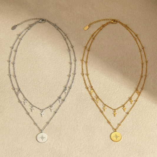 GLANZI Doppelreihige Halskette – Kreuz & Sternenmedaillon Anhänger