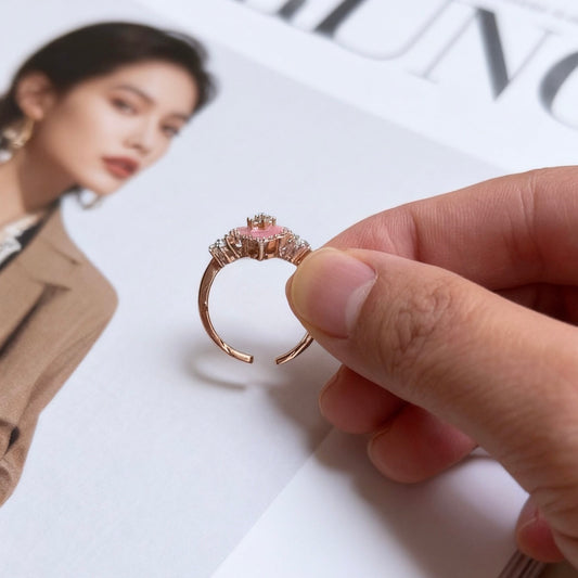 Vierblättriges Kleeblatt Schmuck-Set – Halskette & Offener Ring mit Zirkonia in Rosa