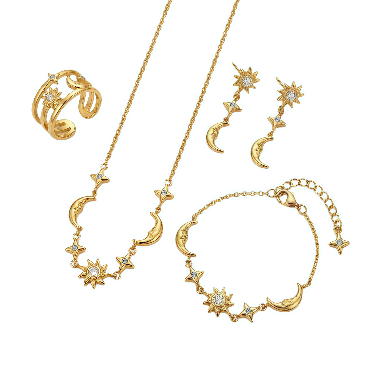 GLANZI Celestial Glow Schmuckset – Sonne, Mond & Stern mit Zirkonia, 18K Vergoldet