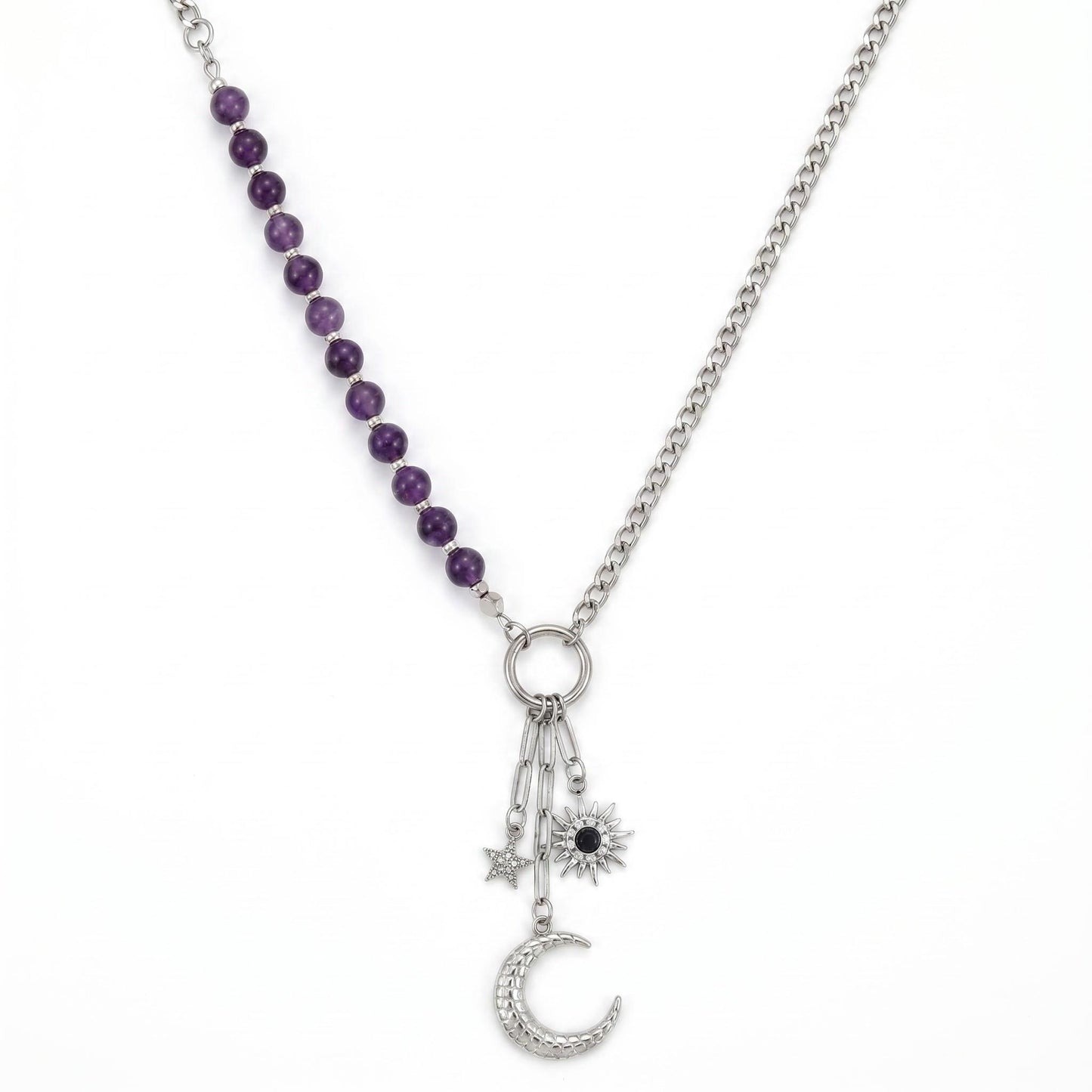 GLANZI Amethyst Celestial Halskette – Asymmetrisches Design mit Sonne, Mond & Stern