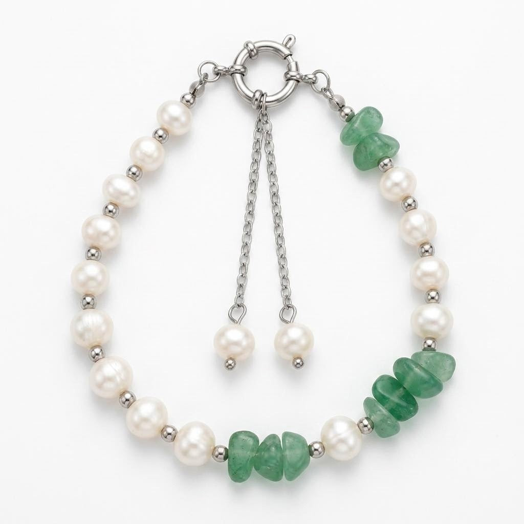 GLANZI Forest Dew Armband – Süßwasserperlen & Grüner Aventurin