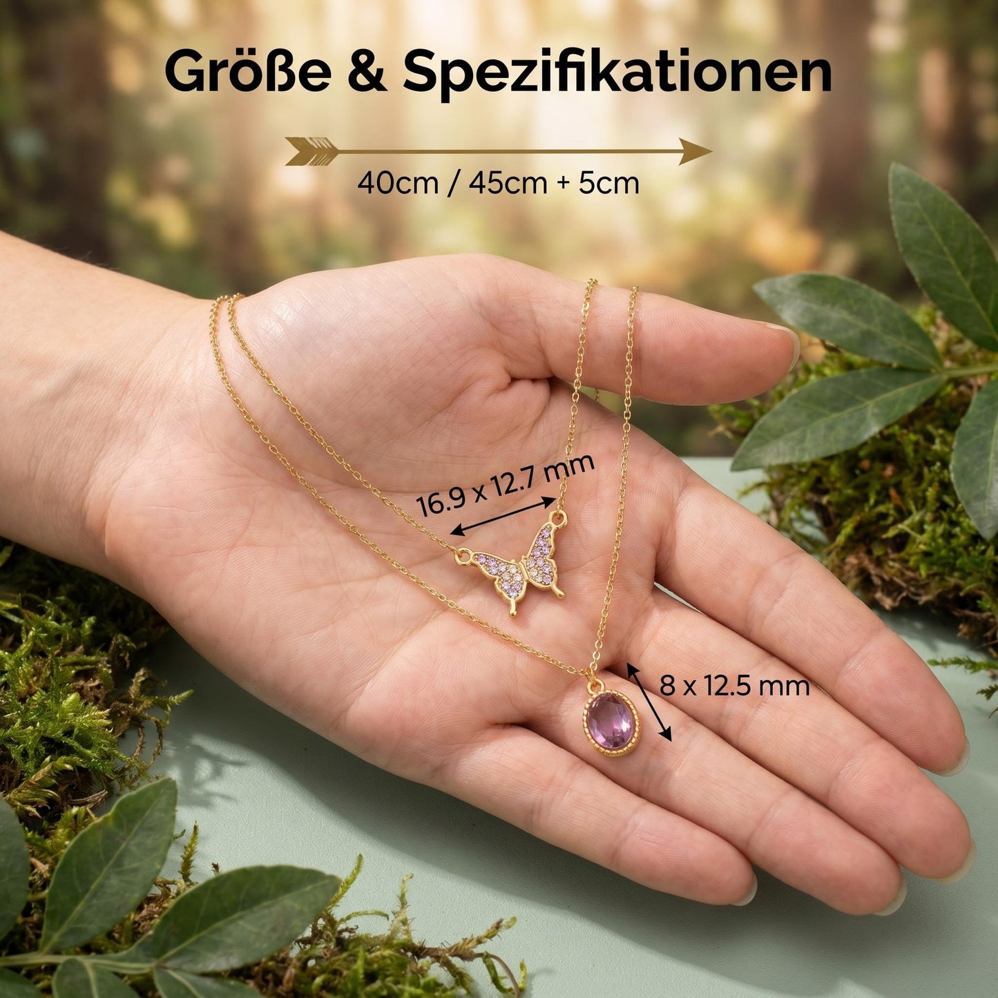 GLANZI Waldflüstern Halskette – Doppellagig mit Schmetterling & Amethyst
