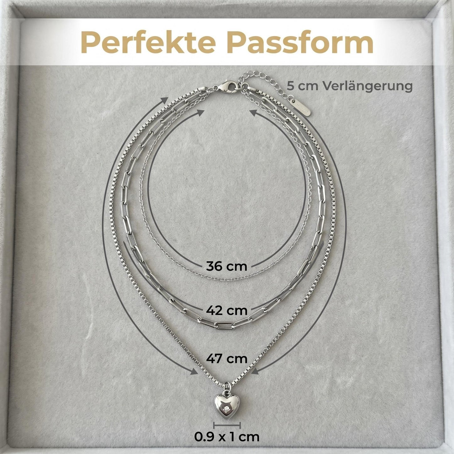 GLANZI Sweet Layers Halskette – Dreireihig mit Herz Anhänger