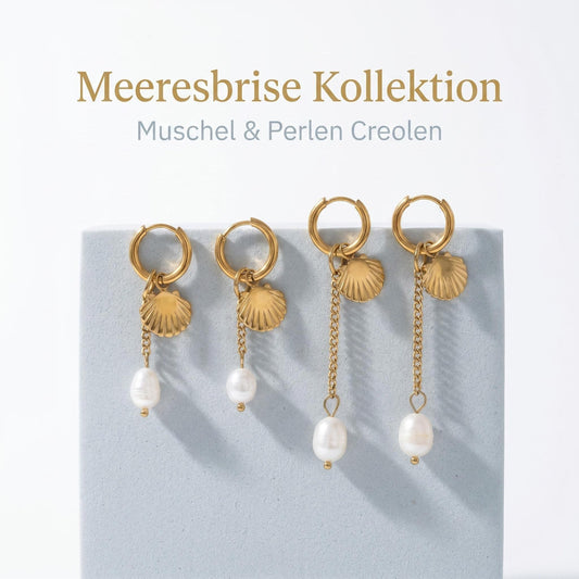 GLANZI Ocean Glow Ohrringe – Muschel & Perle, 2 Längen, Wandelbares Design, 18K Vergoldet