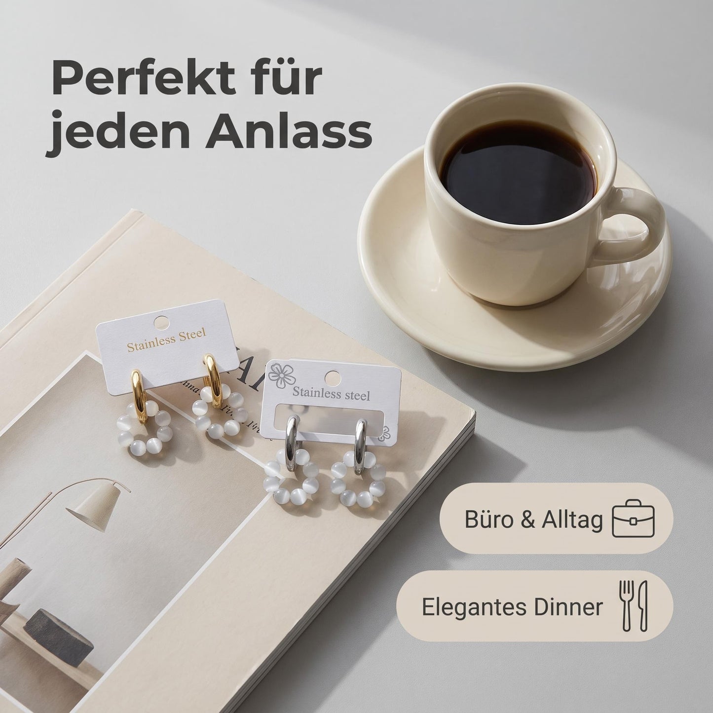 GLANZI Lunar Orbit Ohrringe – Weißer Cat-Eye-Stein, 18K Vergoldet