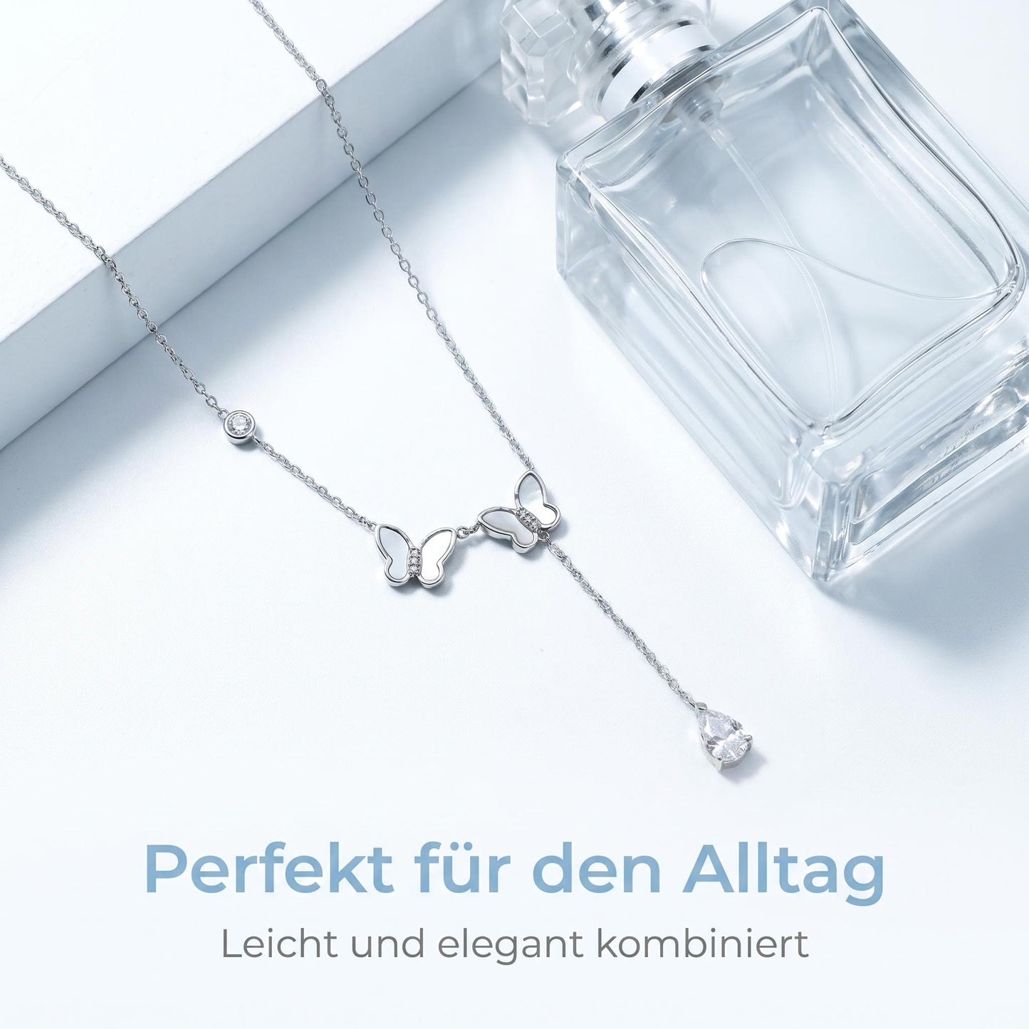 GLANZI Butterfly Duet Y-Halskette – Perlmutt, Zirkonia & Tropfenanhänger