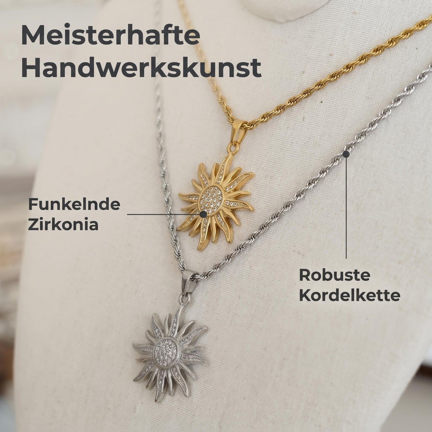 GLANZI Solar Radiance Halskette – Großer Sonnenanhänger mit Zirkonia, 60 cm