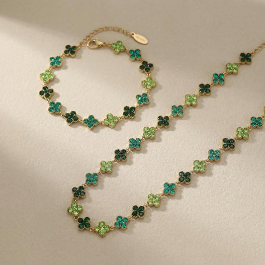 GLANZI Kleeblatt Schmuckset mit Grünem Zirkonia – Halskette & Armband