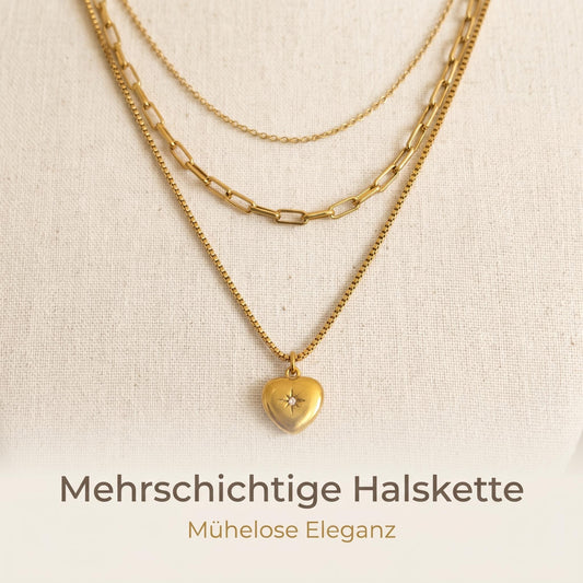 GLANZI Sweet Layers Halskette – Dreireihig mit Herz Anhänger