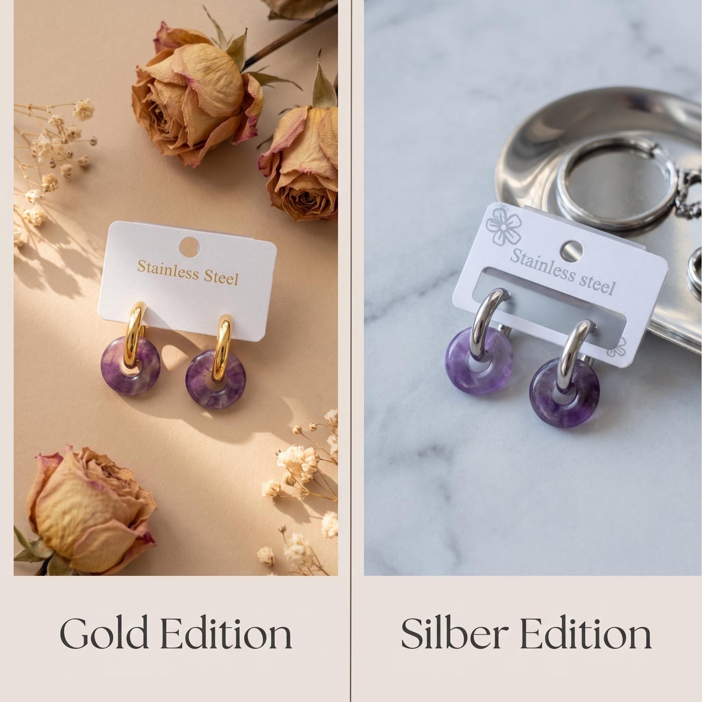 GLANZI Amethyst Harmony Ohrringe – Natürlicher Amethyst mit rundem Anhänger, 18K Vergoldet