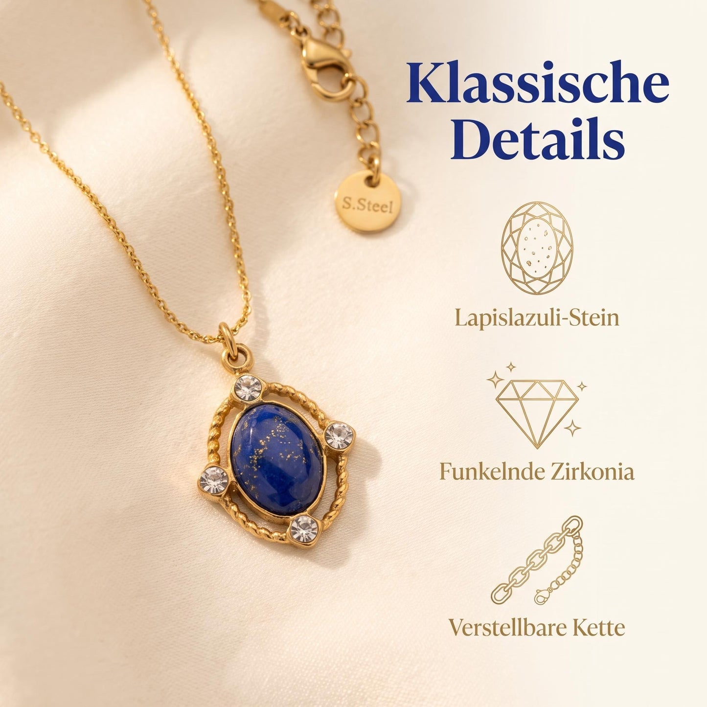 GLANZI Midnight Aura Halskette – Lapislazuli-Anhänger mit Zirkonia, 18K Vergoldet