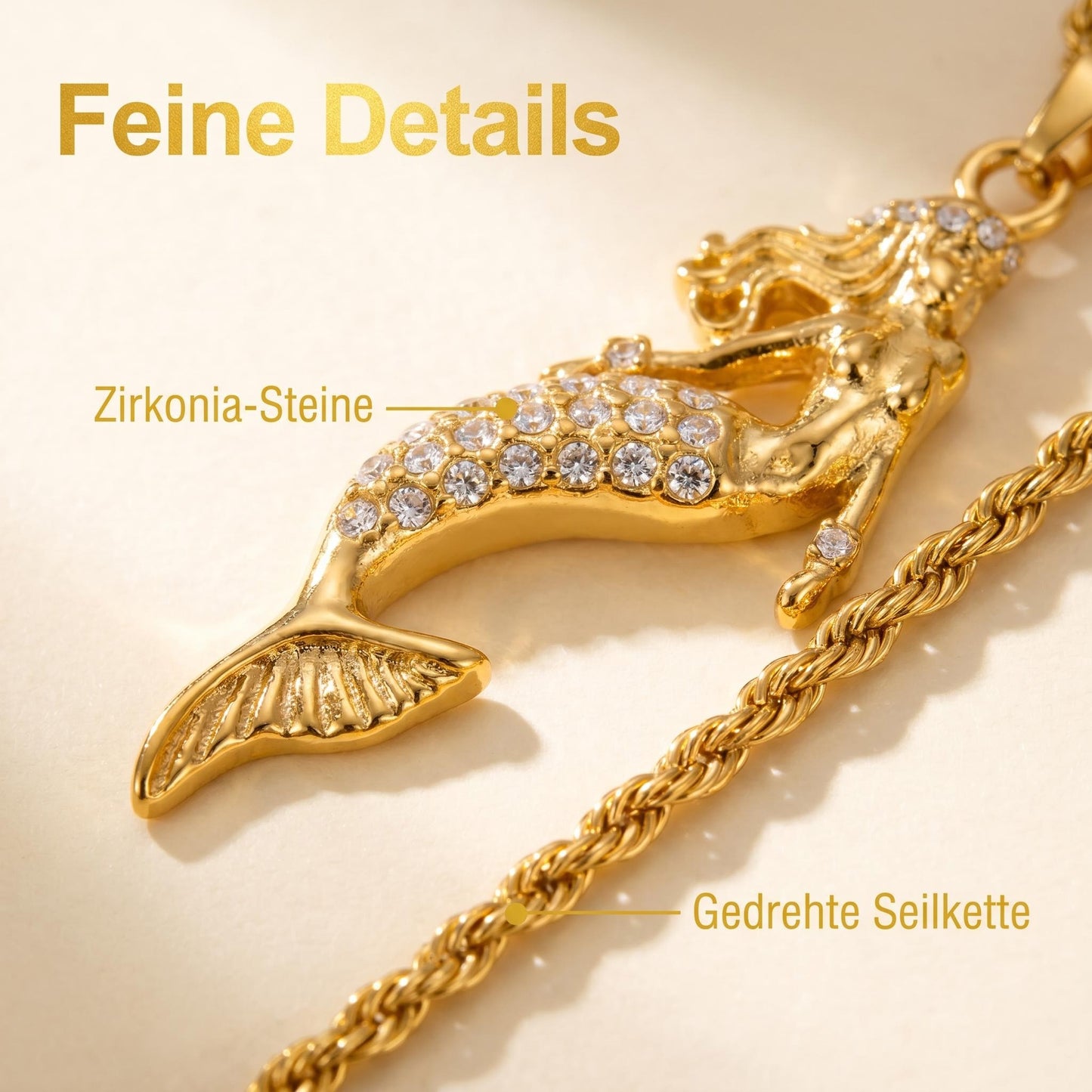 GLANZI Mermaid Glow Halskette – Meerjungfrau Anhänger mit Zirkonia, 18K Vergoldet