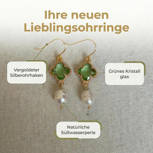 Elegante Ohrringe mit grünem Kristall-Kleeblatt und Perlen