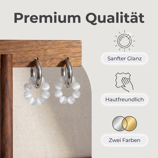GLANZI Lunar Orbit Ohrringe – Weißer Cat-Eye-Stein, 18K Vergoldet