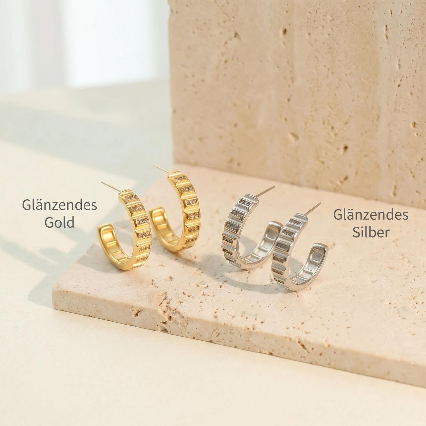 GLANZI Urban Radiance Ohrringe – Strukturierte C-Creolen mit Zirkonia