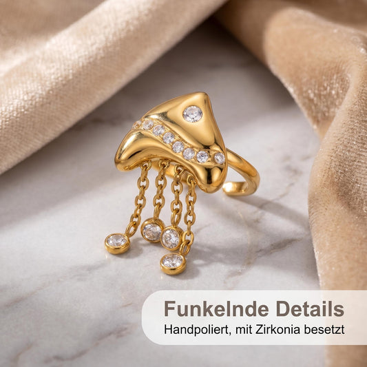 GLANZI Golden Jellyfish Ring - Offener Quallenring mit Zirkonia-Fransen