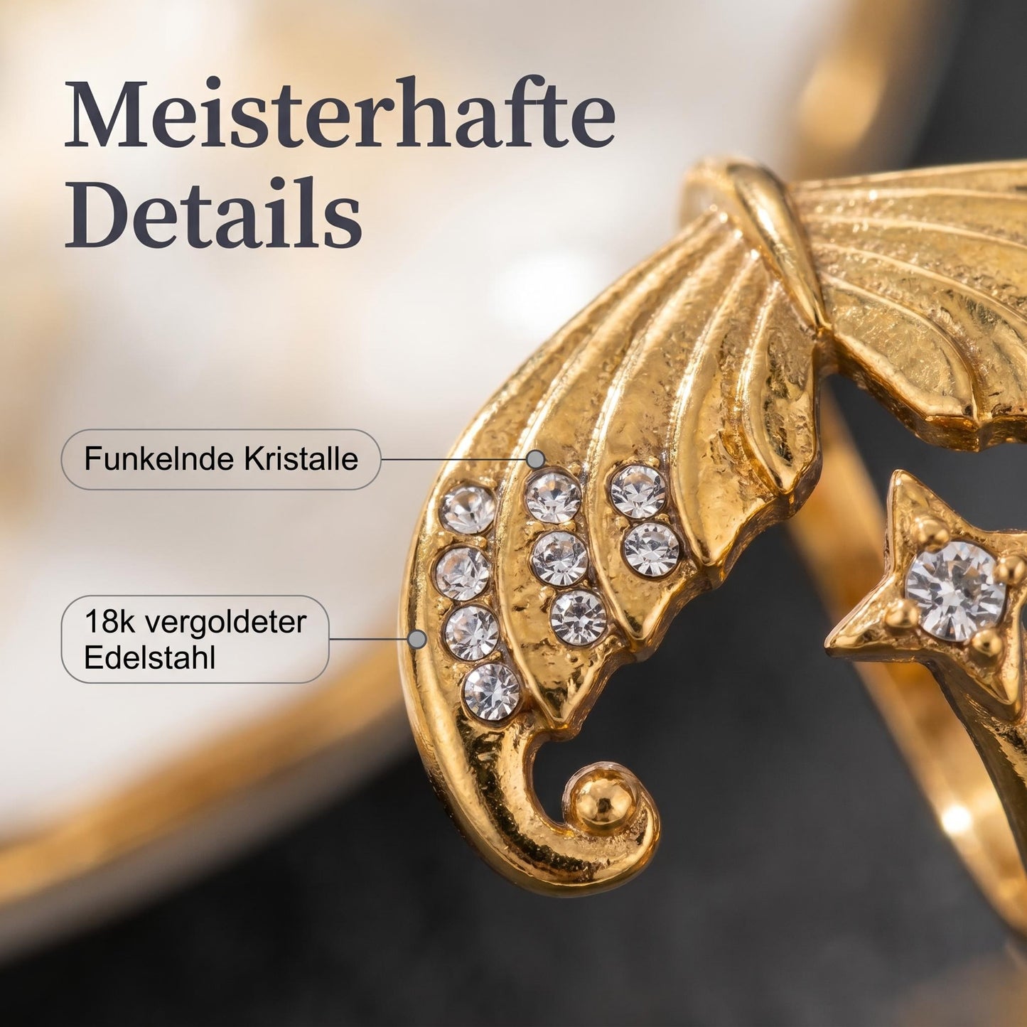 GLANZI Mermaid's Secret Ring - Offener Ring mit Meerjungfrauenflosse & Zirkonia