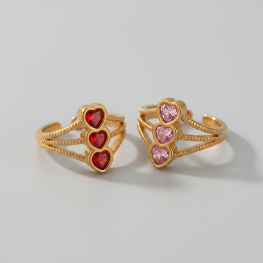 GLANZI Heart Symphony Ring – Dreifacher Herzring mit Kristallen, Verstellbar
