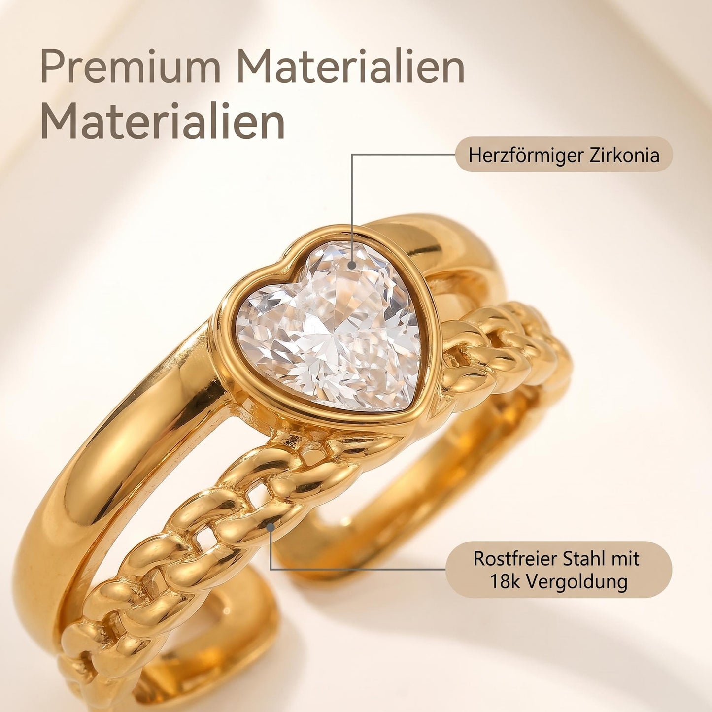 GLANZI Sweet Embrace Ring – Doppelreihiger Herzring mit Zirkonia
